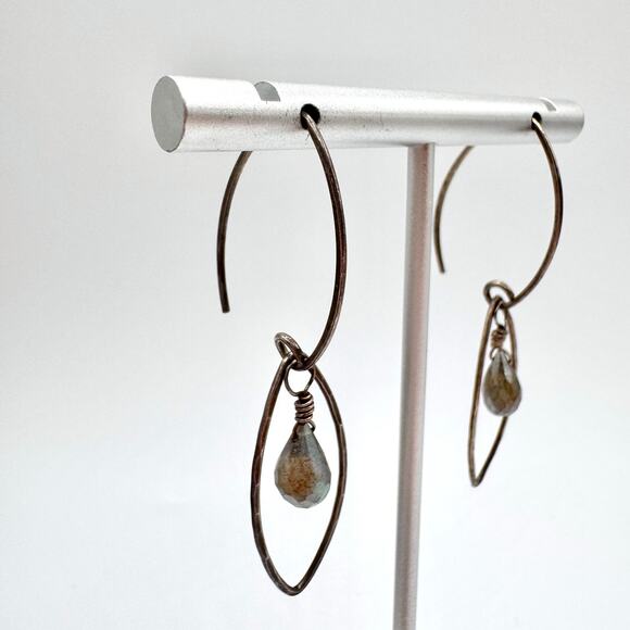 Labradorite Briolette Dangle Silver Threader Hoop Earrings Wirework Acid Tested - Picture 3 of 12